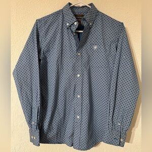 Ariat Button Down Shirt Boy Blue/White Cotton Long Sleeve Stretch Size L(14-16)